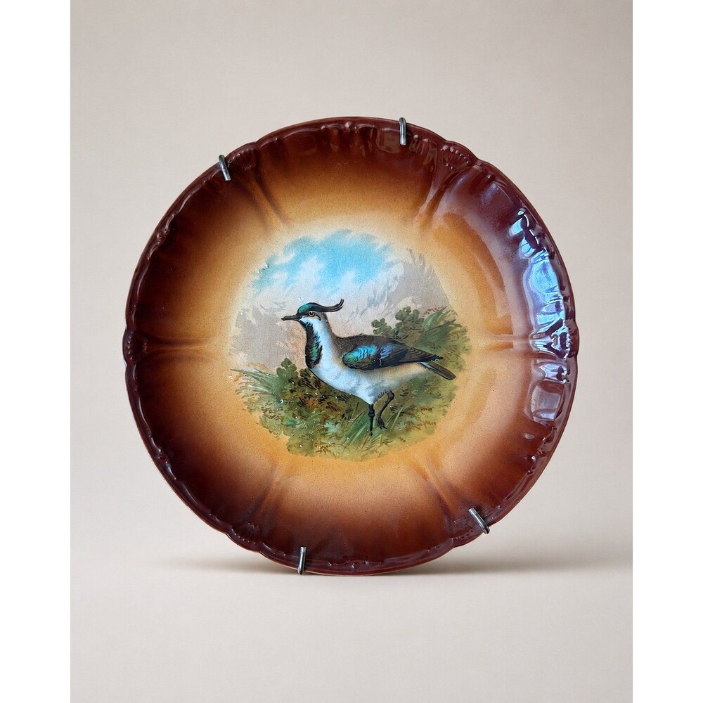 Antique Franz Anton Mehlem Bonn 10” Bird Wall Plate German Porcelain Lapwing